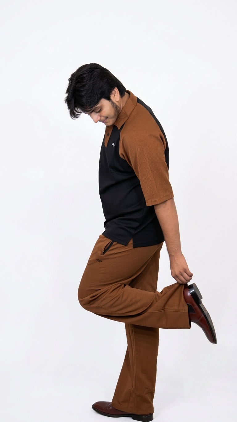 Black-Caramel Brown Down Shoulder Shirt+Baggy Trouser