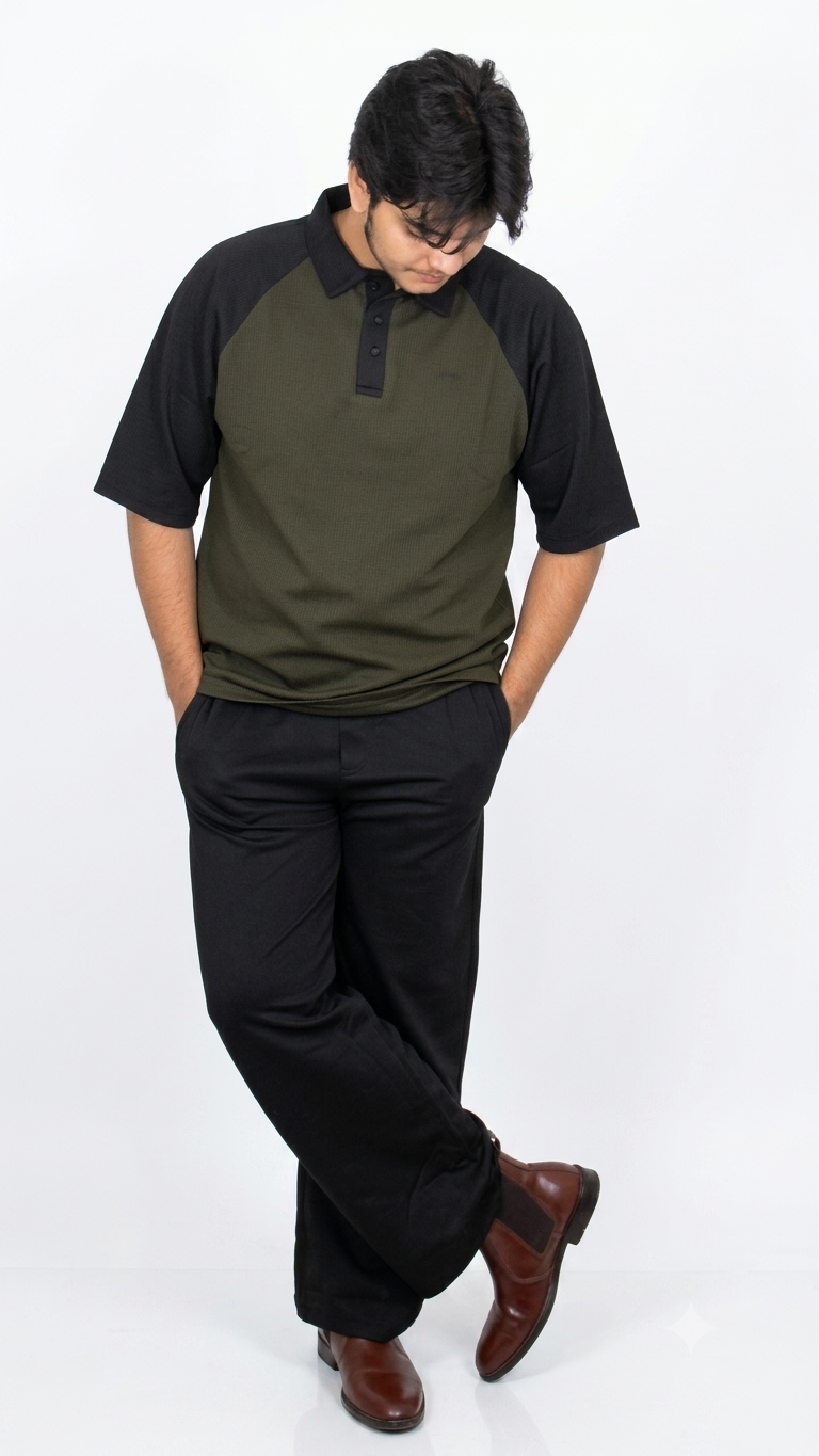 Military olive-Black Down Shoulder Shirt+Baggy Trouser