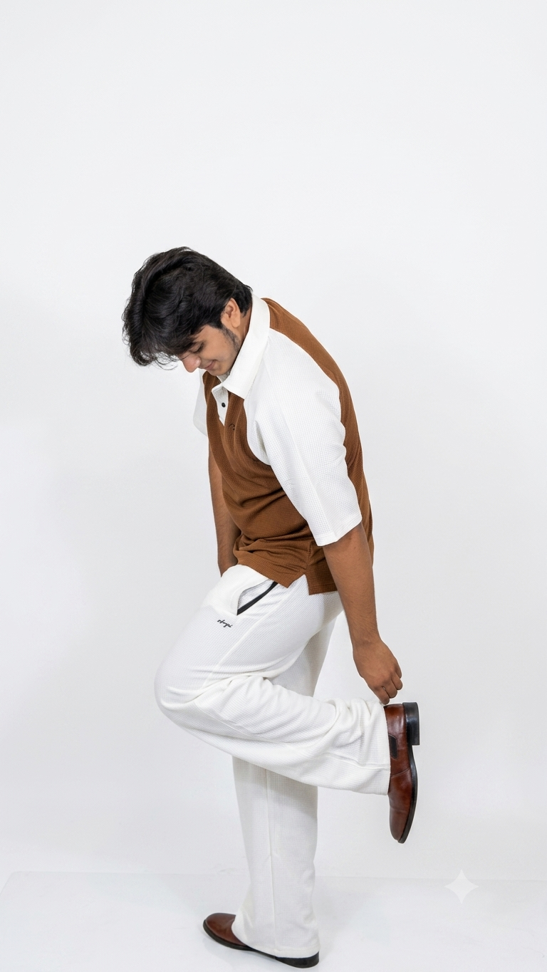 Two Tone down shoulder shirt+waffle baggy trouser