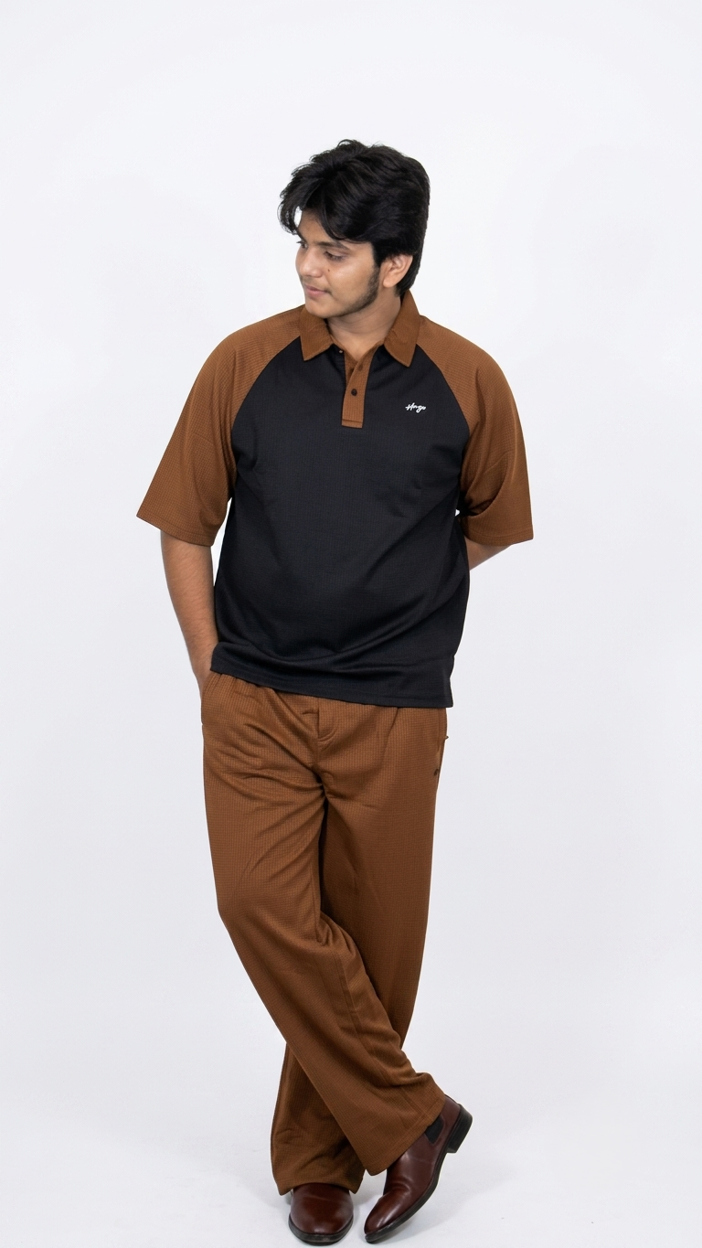 Black-Caramel Brown Down Shoulder Shirt+Baggy Trouser