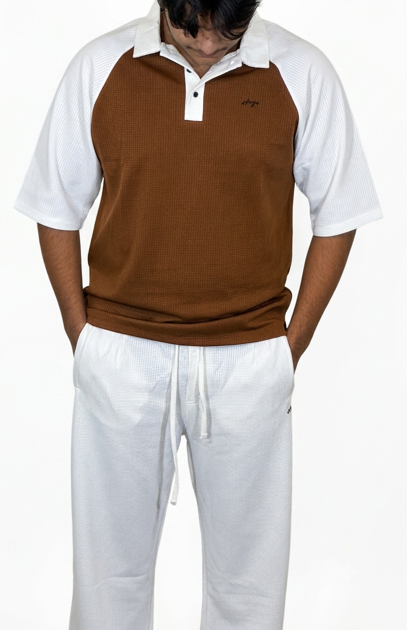 Two Tone down shoulder shirt+waffle baggy trouser