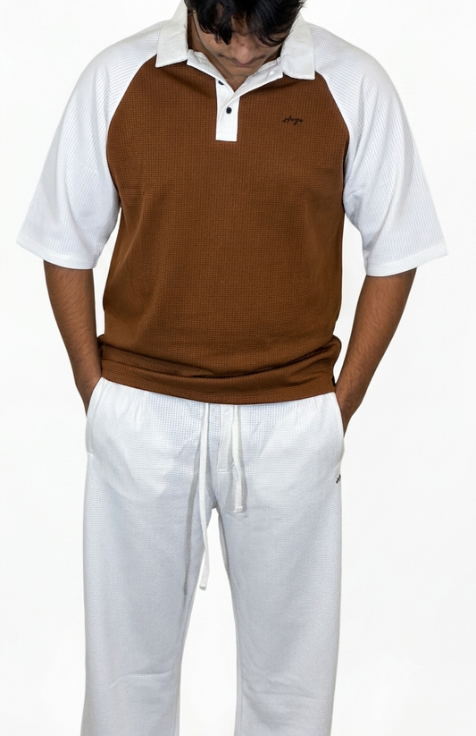 Two Tone down shoulder shirt+waffle baggy trouser