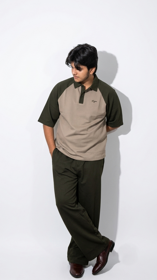 Olive-Beige Down Sholder Shirt+Baggy Trouser